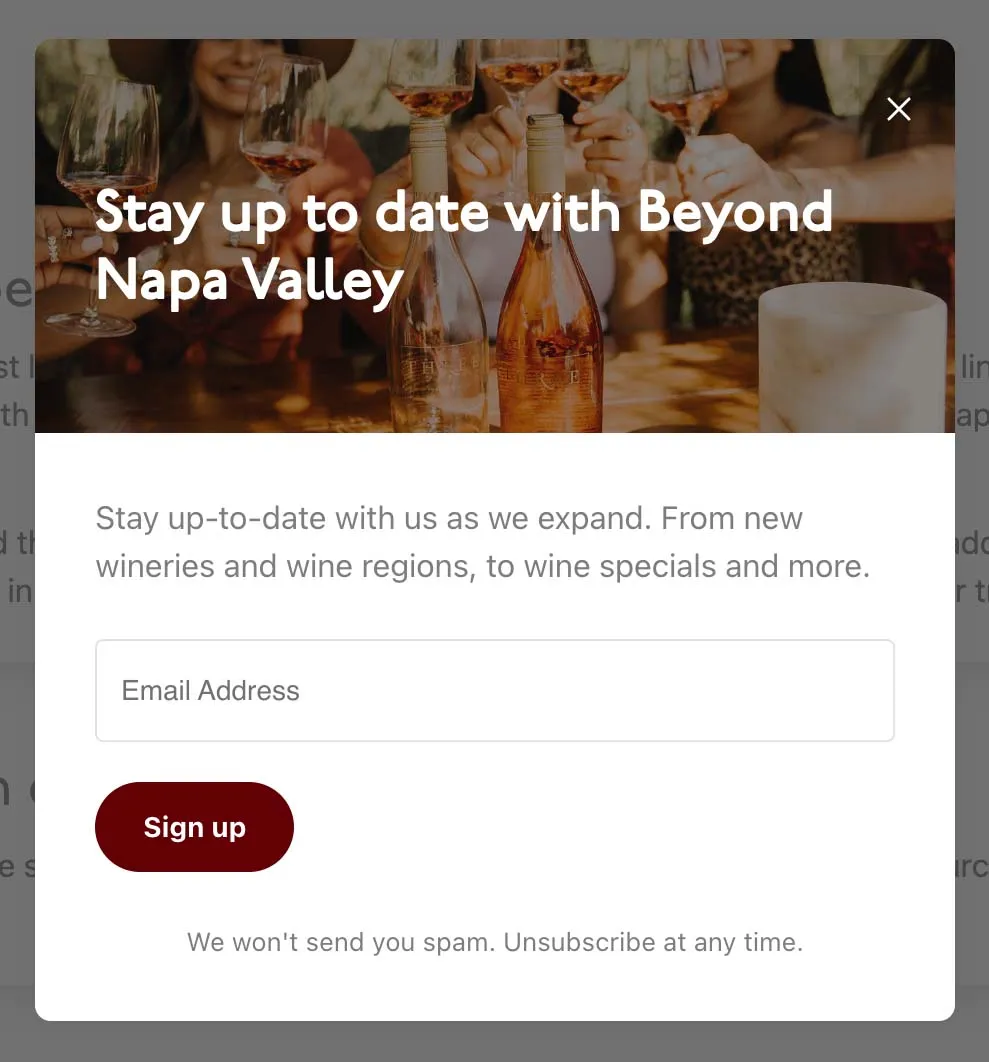 Beyond Napa Valley email capture screen shot